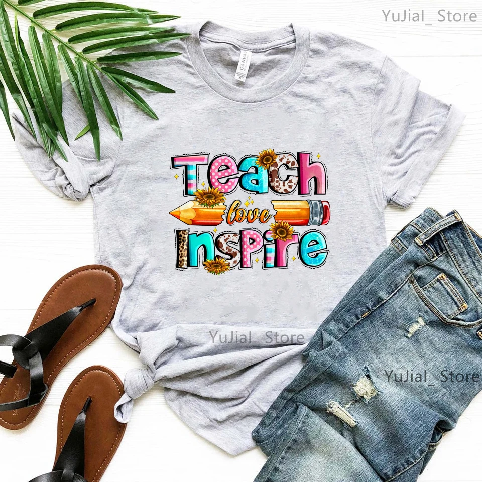 Leopard Teach Love Inspire Graphic Printed Tshirt Girls Teacher'S Spirit T-Shirt Women Summer Fashion Pink/White/Gray T Shirt