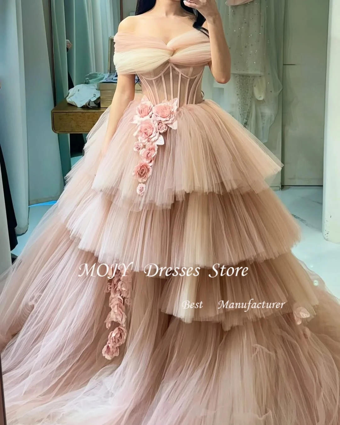 موجي أحمر الخدود الوردي الحبيب تول المتدرج مساء اللباس كوريا فستان الزفاف صورة تبادل لاطلاق النار الحبيب الحفلة الراقصة مخصصة