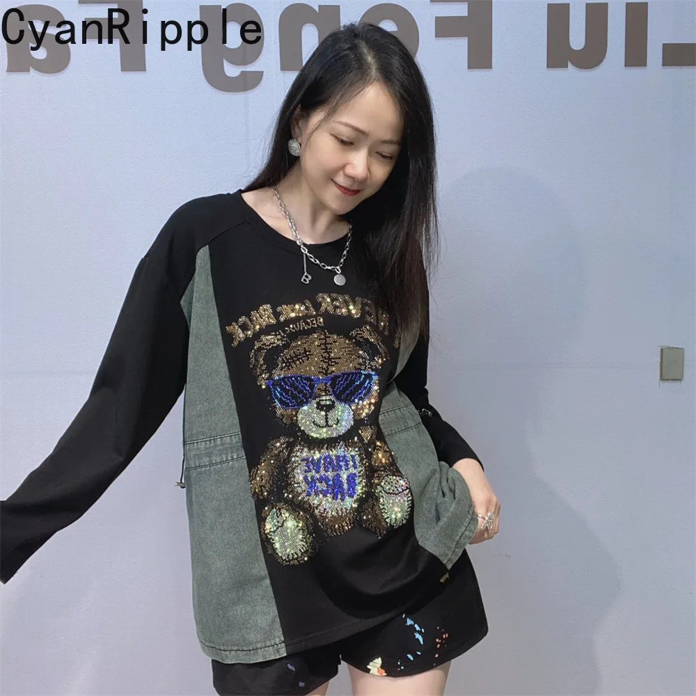 American Street New Spring Autumn Long Sleeve Hoodie Top Denim Splicing Bear Hot Diamond Oversize Pullovers Casual Women T-shirt