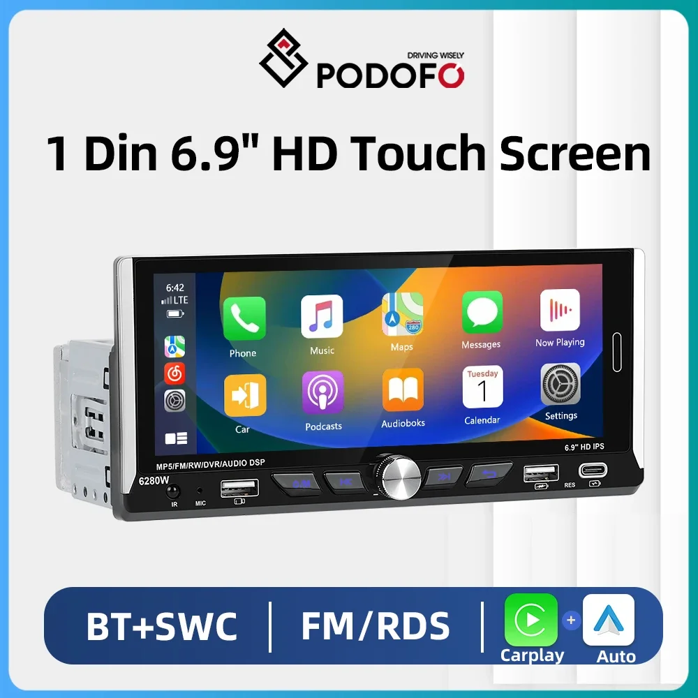 PodoNuremberg-Lecteur MP5 de voiture avec écran tactile IPS, récepteur radio FM Bluetooth universel, prise en charge TF, USB, Carplay sans fil,