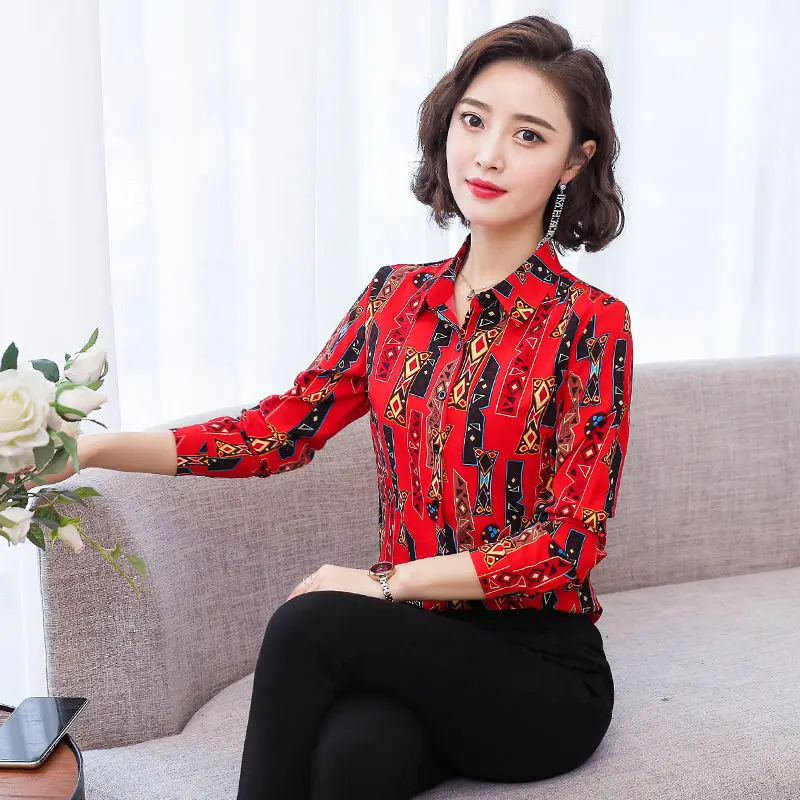 Spring long-sleeved floral shirt women's 2022 new Korean version of the shirt fashion Western-style printing chiffon design top