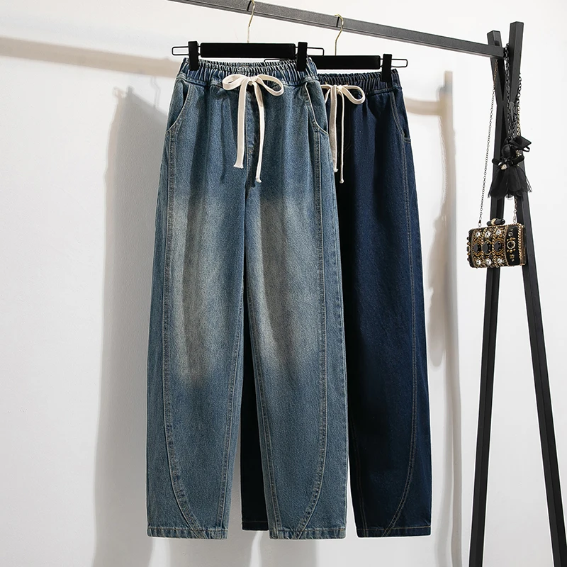 Women New Jeans Elastic Waist Strap Design Large Size Spring Autumn Style Loose Slim Fit Blue Denim Pants High Waist Retro