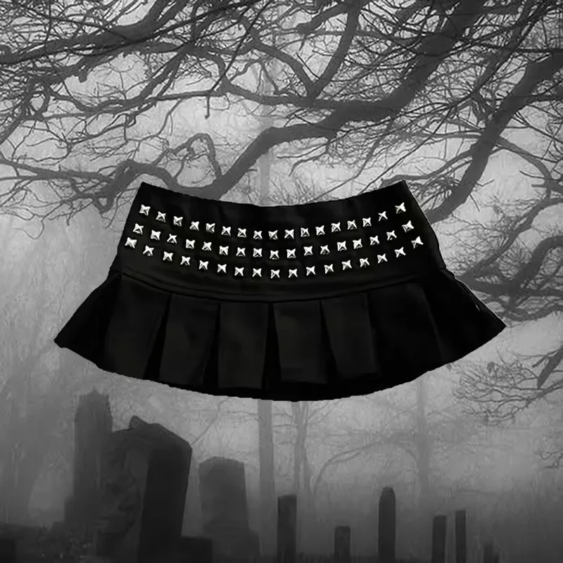 Harajuku خمر مثير برشام مطوي التنانير هوتي تنورة الصيف جديد الشارع القوطية الشرير لون نقي E-girl تنورة صغيرة ملابس حريمي #4