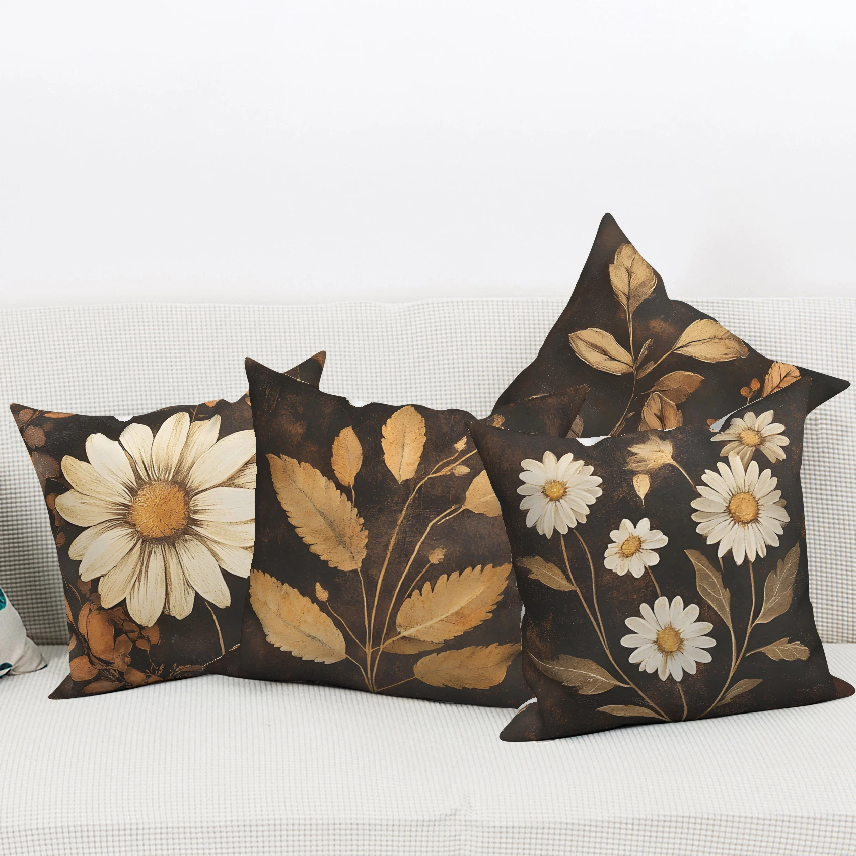 Retro Botanical Leaf Cushion Covers Dark Flower Pillow Cases Polyester Linen Vintage Floral Print Throw Pillows for Sofa Couch