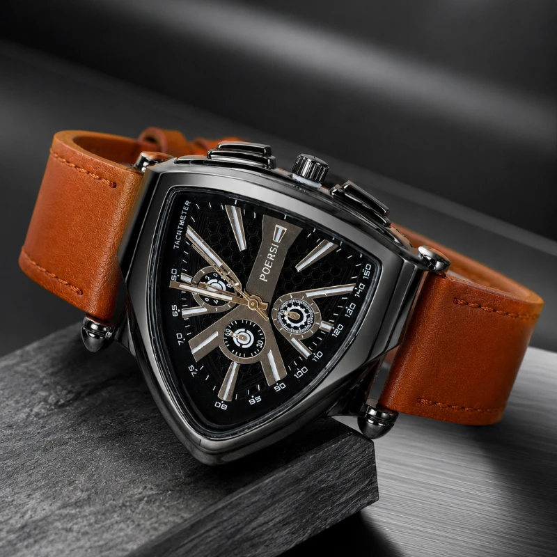 Unique Triangle Dial Men Watch Business Casual Leather Strap Quartz Wristwatch Multi-Function Fashion Sport Clock For Men Gift