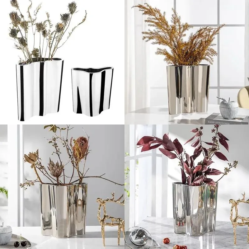 Custom light luxury silver stainless steel vase Modern design Abstract shape Floor-to-ceiling vase for restaurant/tabletop