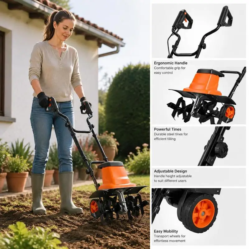 Cultivateur électrique 1500W, largeur de travail de 45 cm avec dents en acier et poignée pliable, aérateur de sol pour l'entretien des pelouses et des jardins, déplaceur de terre robuste