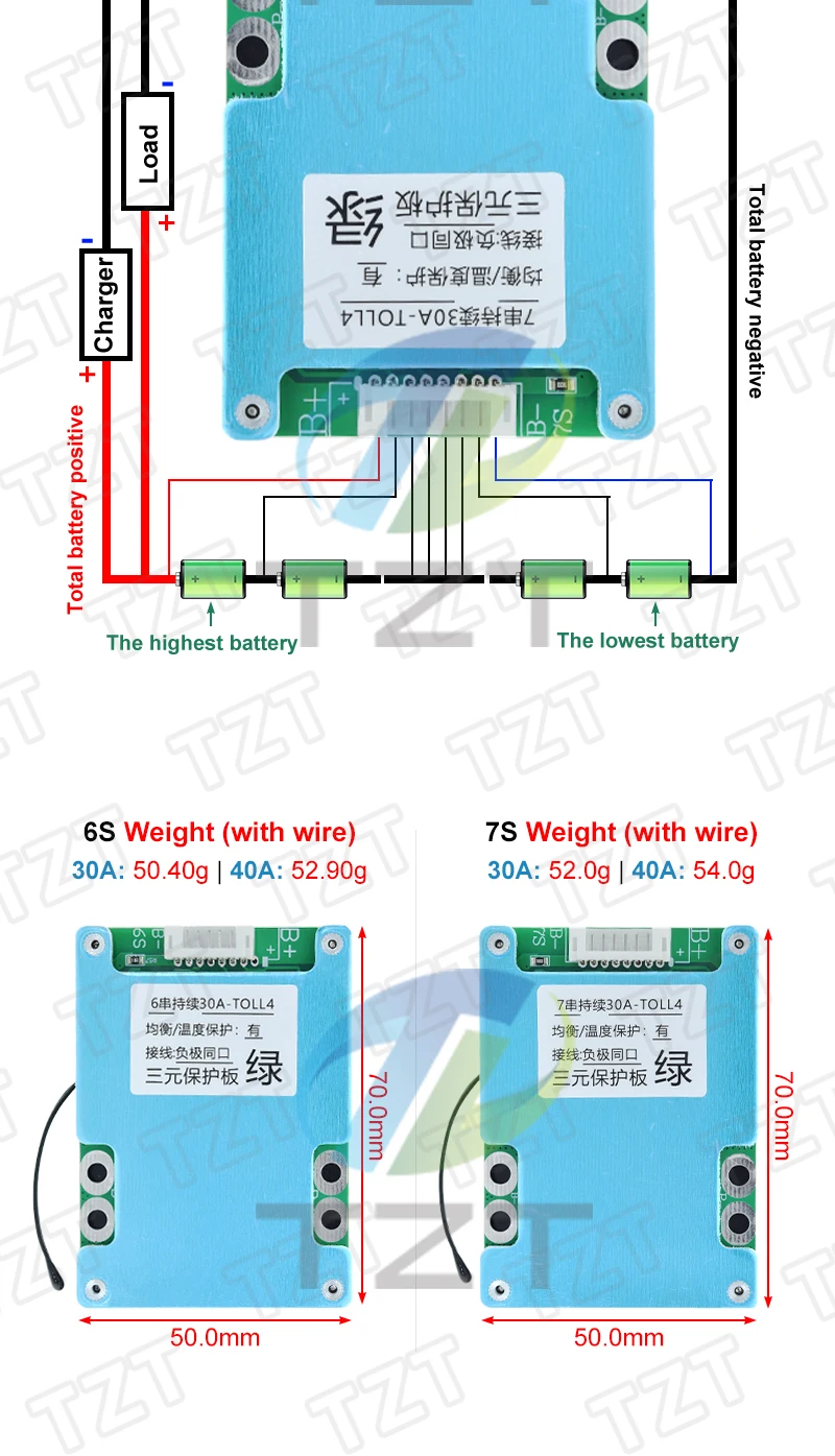 TZT 6S/7S 30A 40A BMS 4.2V 18650 Batterie-Schutzplatine mit Balancer und NTC-Temperaturschutz, gemeinsamer Anschluss mit Kühlkörper – Detail 4