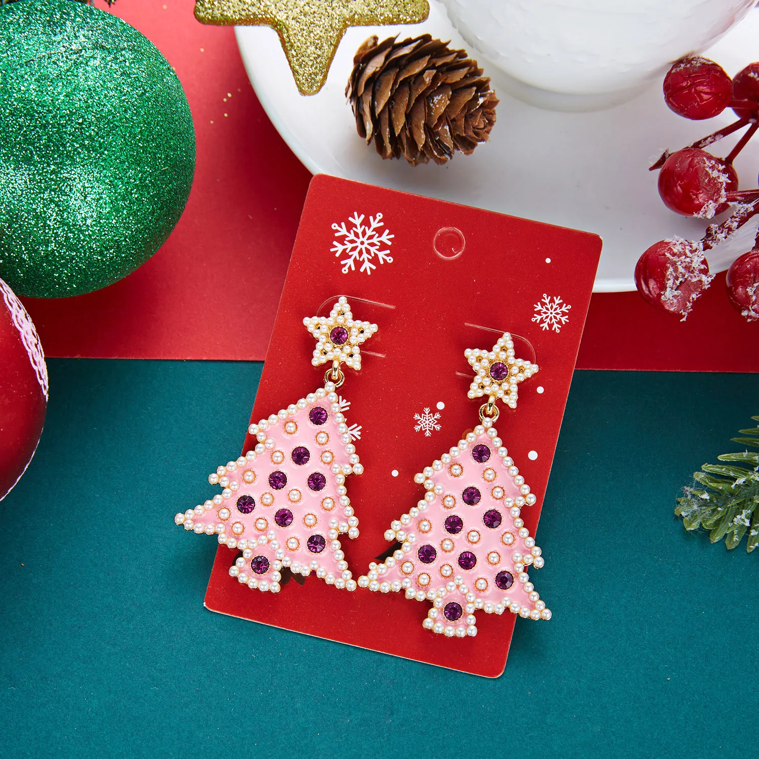 Luxuriöse Rosa Zirkon Weihnachtsbaum-Ohrhänger für Damen Niedliche Stern-Imitationsperlen-Ohrringe Ästhetischer Neujahrs-Schmuck – Detail 7