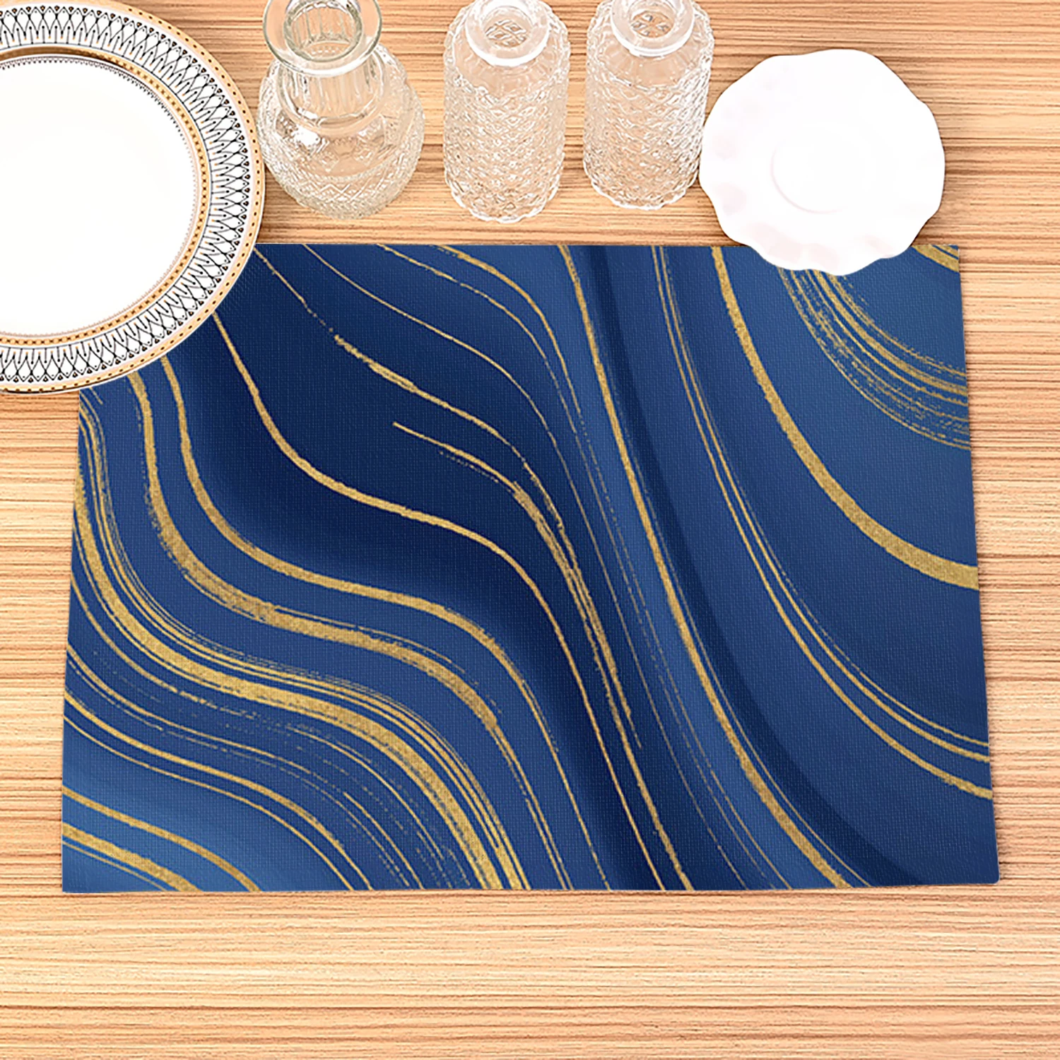 Simple Blue Geometric Marble Kitchen Table Mat Placemat Cotton Linen Coaster Dining Table Mats Linen Pad Bowl Cup Mat Home Deco