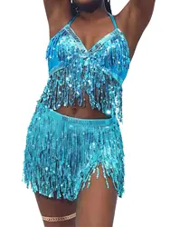 Danza del ventre Top Reggiseno Cintura Set Latino con frange di paillettes Halter Gonna all'anca Costume da festa sexy 4 strati Nappa Performance sul palco Abbigliamento in stoffa