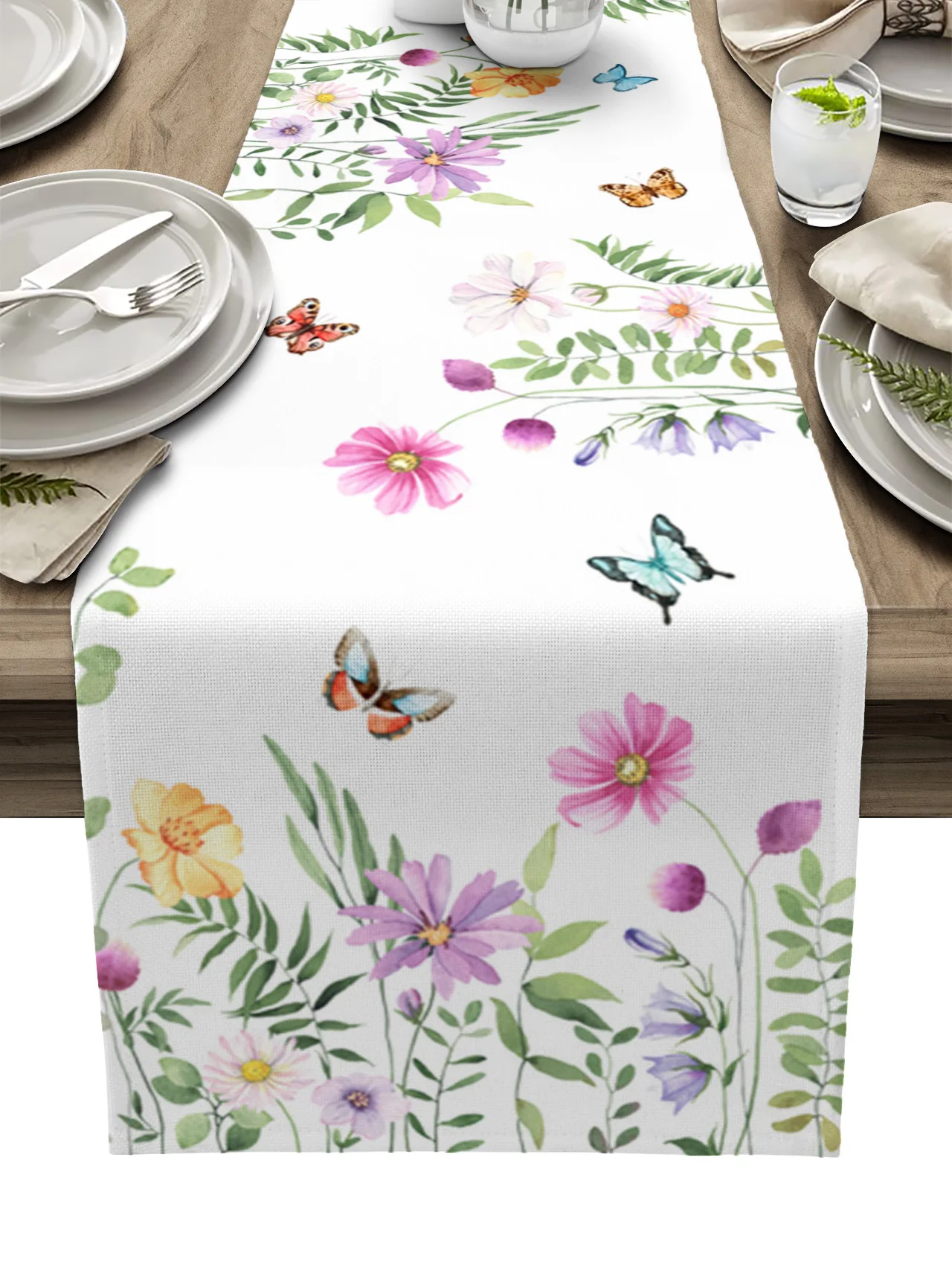 Spring Flower Butterfly Table Runner luxury Kitchen Dinner Table Cover Wedding Party Decor Cotton Linen Tablecloth