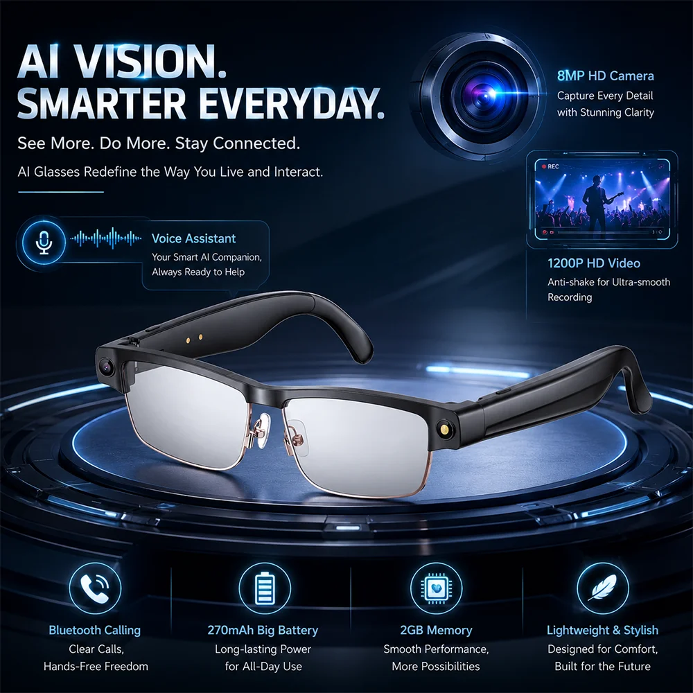 

Real-time Translation Object Recognition AI Voice Assistant AI Smart Glasses 800W Pixels Support HD Video Photo Recording