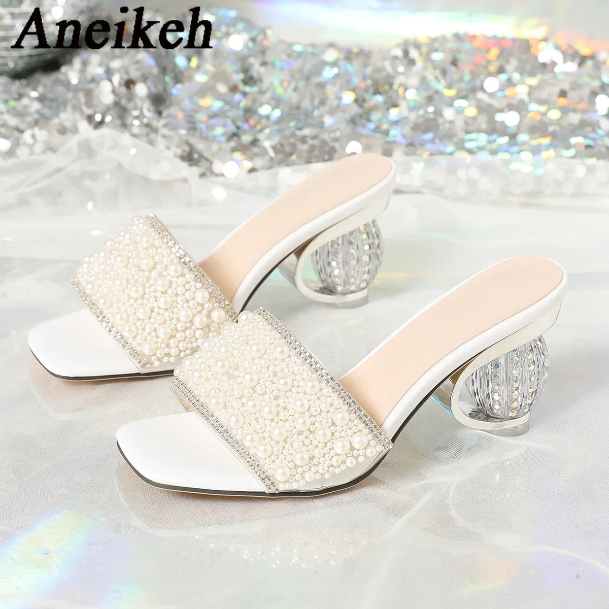 Aneikeh White Pearl Shiny Sandals Slippers Women Transparent Thick Bottom Party Dress Mules High Heels 2026 Summer Heeled Beach image 5