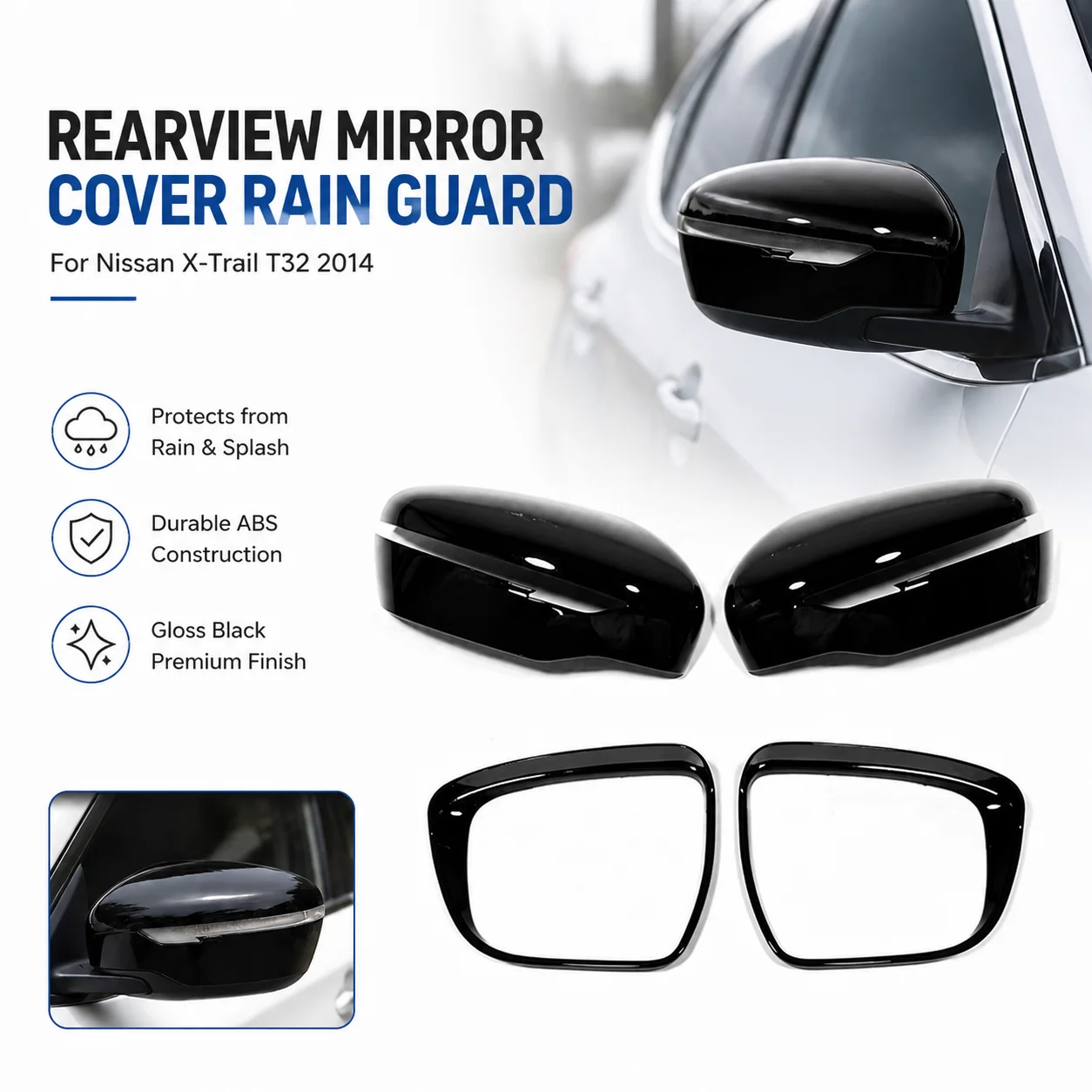 ABS Baked Black Rearview Mirror Cover Rain Guard for Nissan X-Trail T32 2014