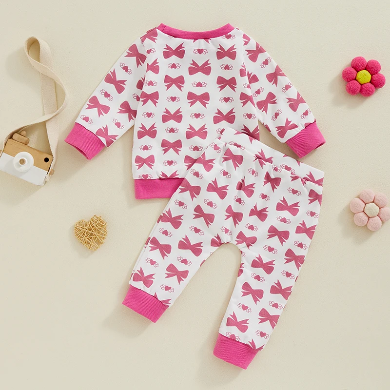 Pudcoco Toddler Baby Girls Fall Outfits Bow Print Long Sleeve Sweatshirt and Elastic Pants Set Baby Cute 2 Piece Clothes 3M-3T