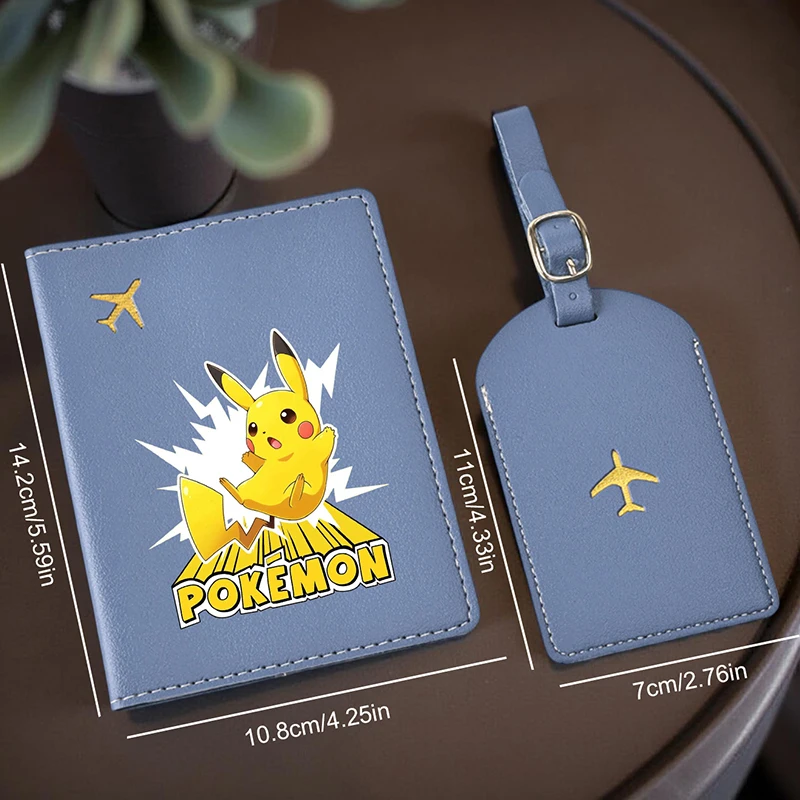 قطعتان من حامل جواز السفر بنمط بيكاتشو ومجموعة علامات الأمتعة، أساسيات السفر من جلد البولي يوريثان للجنسين، ملحقات السفر للعودة إلى المدرسة