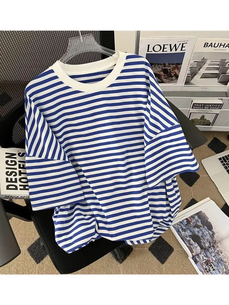 Preppy Style Women Two Pieces Set Loose Blue Green Black Striped Top Elastic Waist Wide Leg Shorts Sport Sets Summer