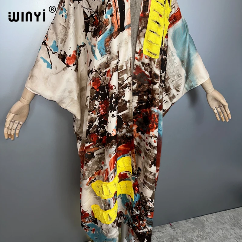 WINYI summer printed Women Cardigan Long Dress elegant Boho loose beach Cover Up Kimonos abaya dubai luxury muslim coat