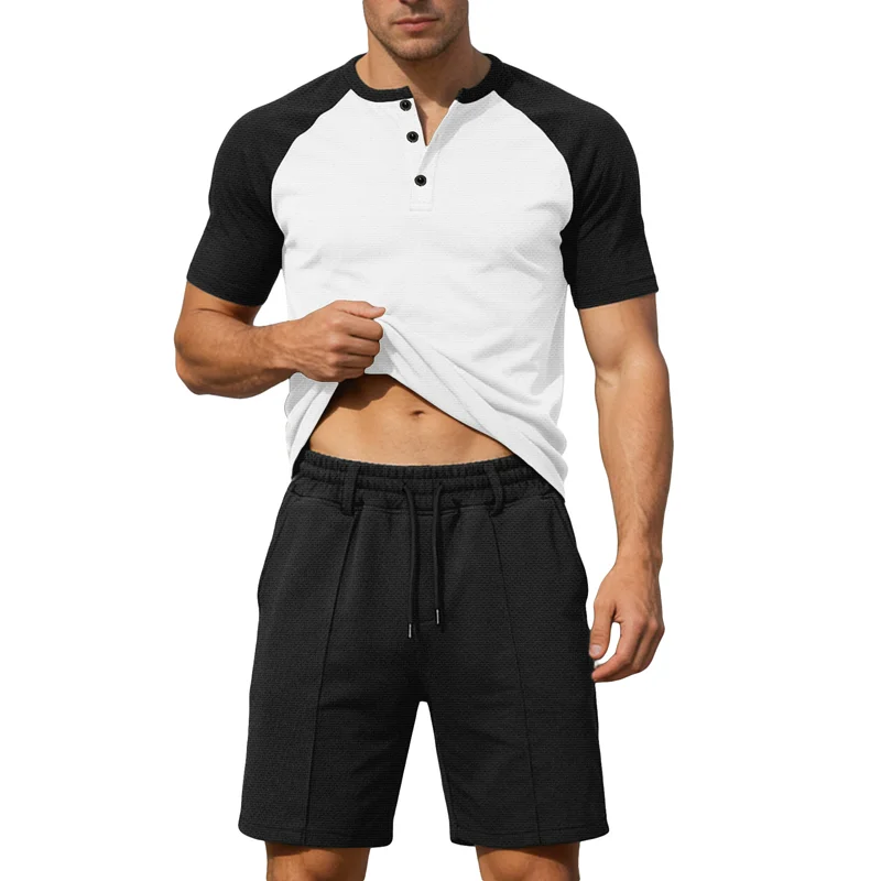 Summer Patchwork Button Henry Collar Sports Sets Men Short Sleeve+Shorts Casual Fitness Set Male Jogging Streetwear Beach Suit