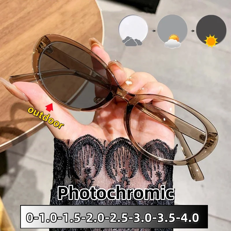

Fashionable Oval Frame Photochromic Myopia Glasses for Women and Men Trendy Learning Anti-blue Light Eyeglasses 0 To -4.0