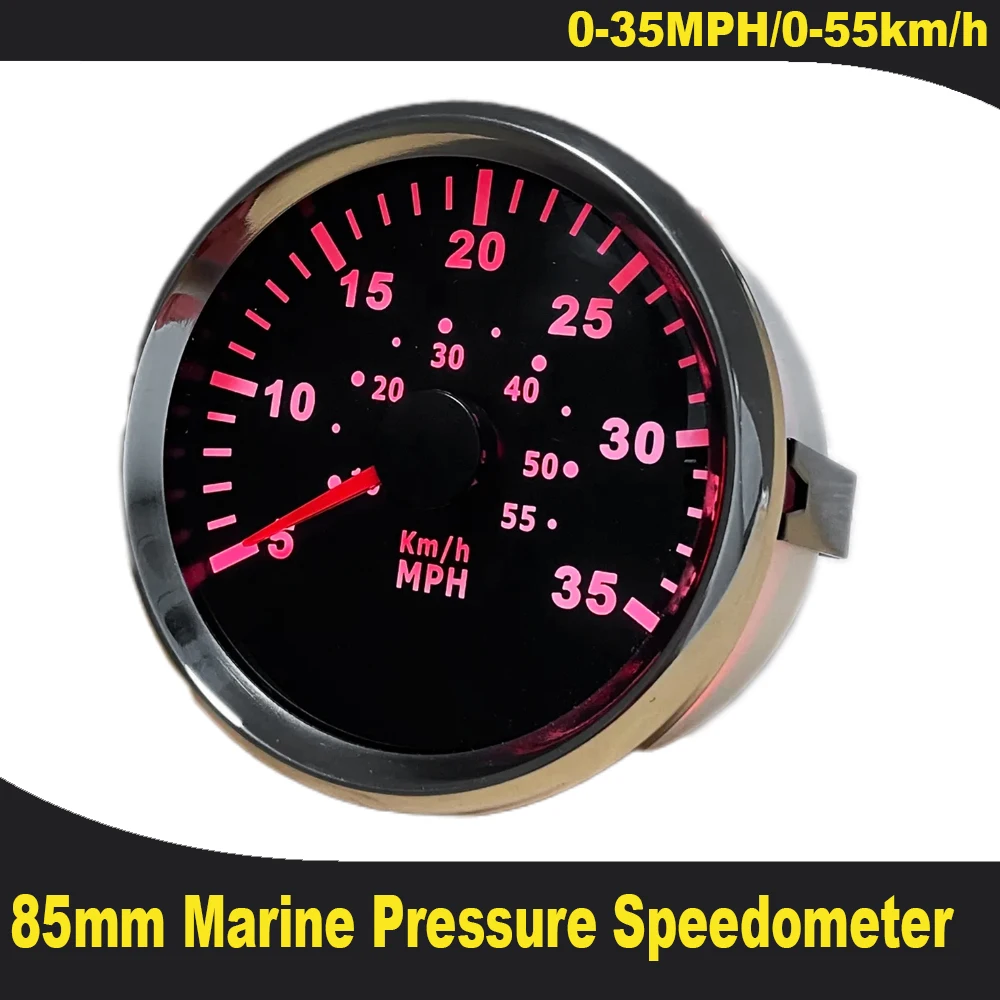 New 85mm Speed Gauge Marine Pressure Speedometer Pitot Tube Pressure Signals 0-35 MPH 0-55 MPH 0-65 MPH with Red Backlight