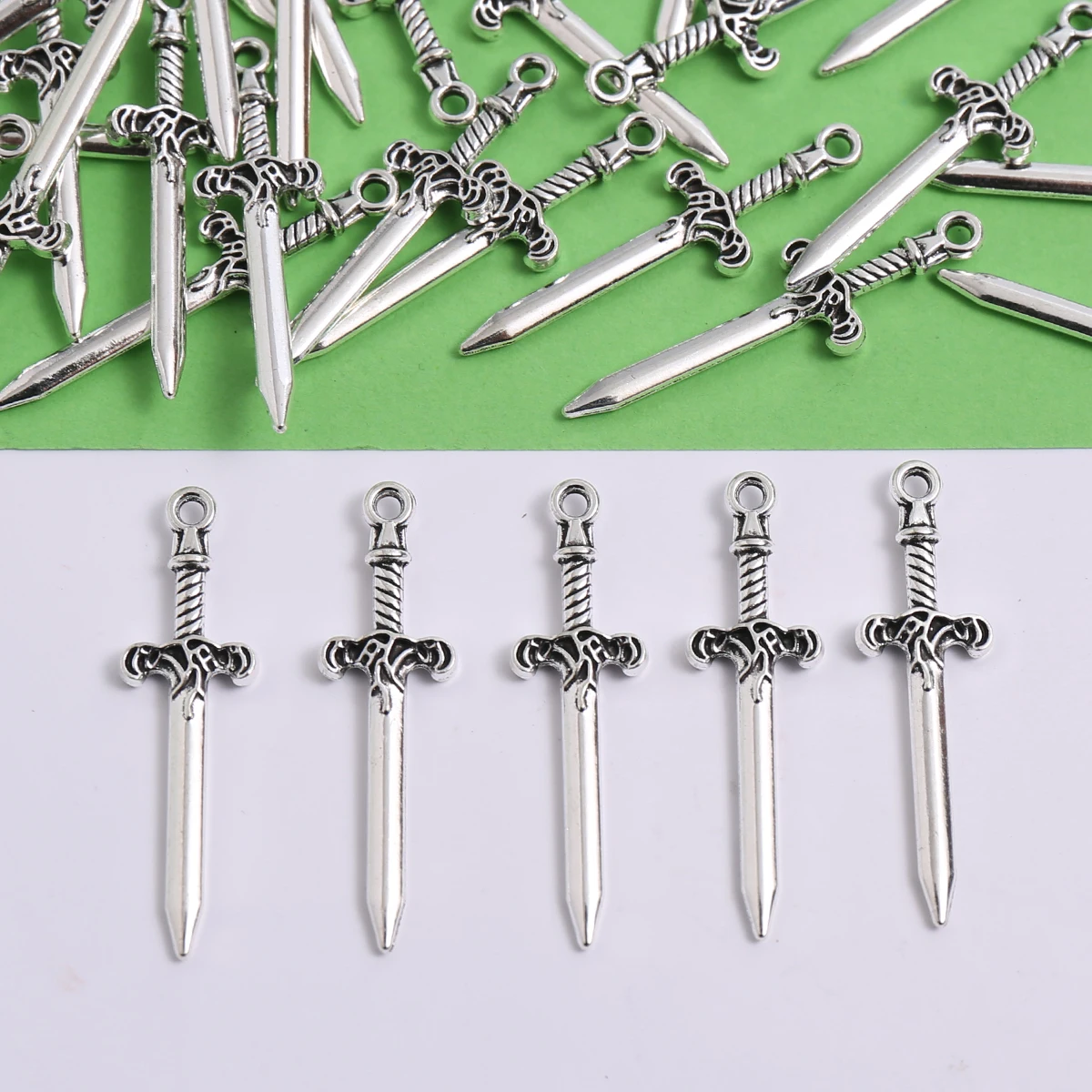 18-Piece Set of Long Swords with Embossed Pattern Handles, Handmade Small Accessories, Vintage Long Swords with Twisted Handles in Antique Style, Suitable for DIY Bracelets, Necklaces, Earrings, and Handmade Beaded Decoration Accessories