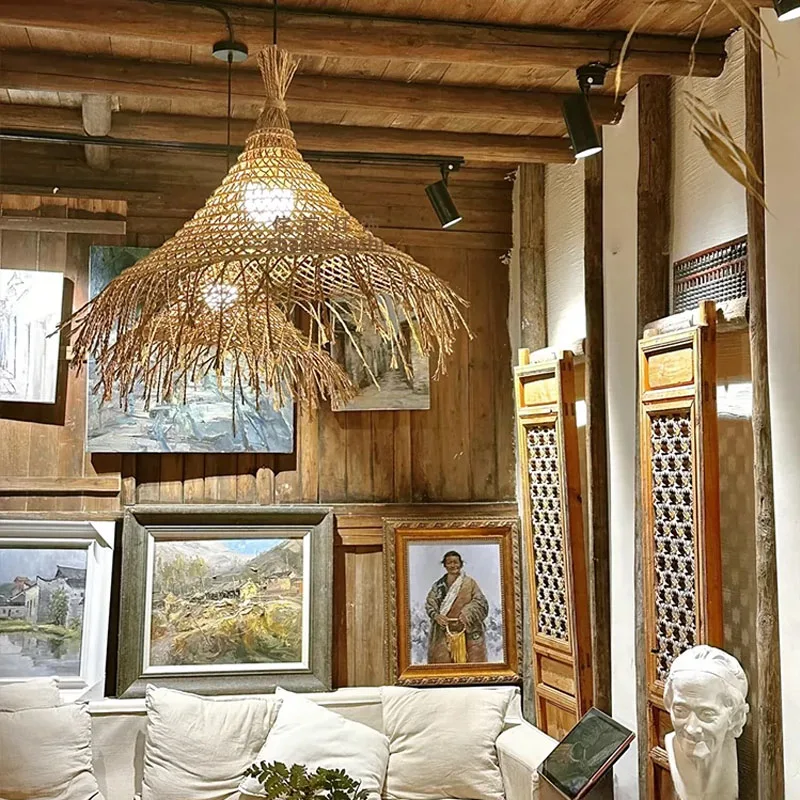 

Nordic Retro Wabi Sabi Rattan Weaving Straw Hat Chandelier Living Dining Room Pendant Lights Restaurant Bar Hanging Lamp Fixture