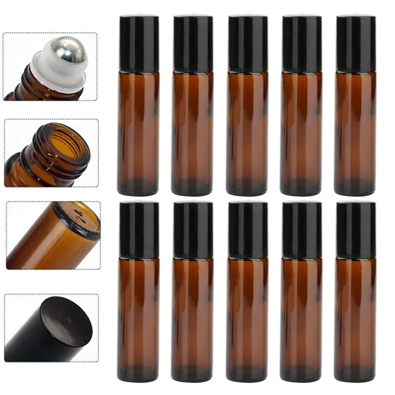 10/20Pcs 10ml Empty Amber Thick Roll On Glass Bottles with Stainless Steel Roller Ball For Essential Oil Refillable Bottles