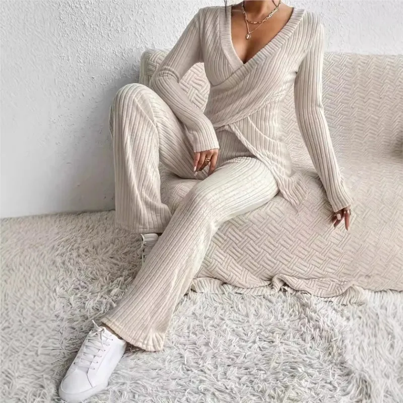 

Casual 2 Piece Sets Womens Outifits 2025 Autumn Winter New Fashion Straight-leg Pants Cross Slim Fit Tops Solid Knitted Set