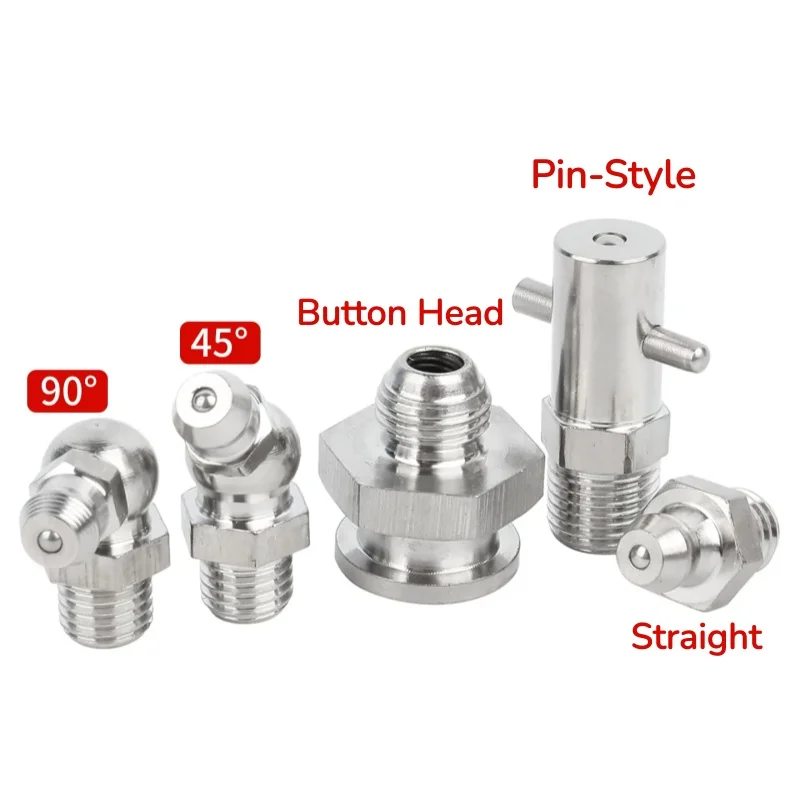 M5 ~ M16 Metric/UNF/NPT/PT 304 Stainless Steel Grease Nipple Male Thread Straight Elbow Type Oil Zerk Fitting for Grease Gun