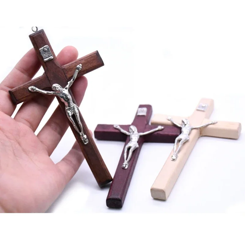 1pcs Handmade Wooden Cross Christ Statue Religious Prayer Hand Holding Pendant