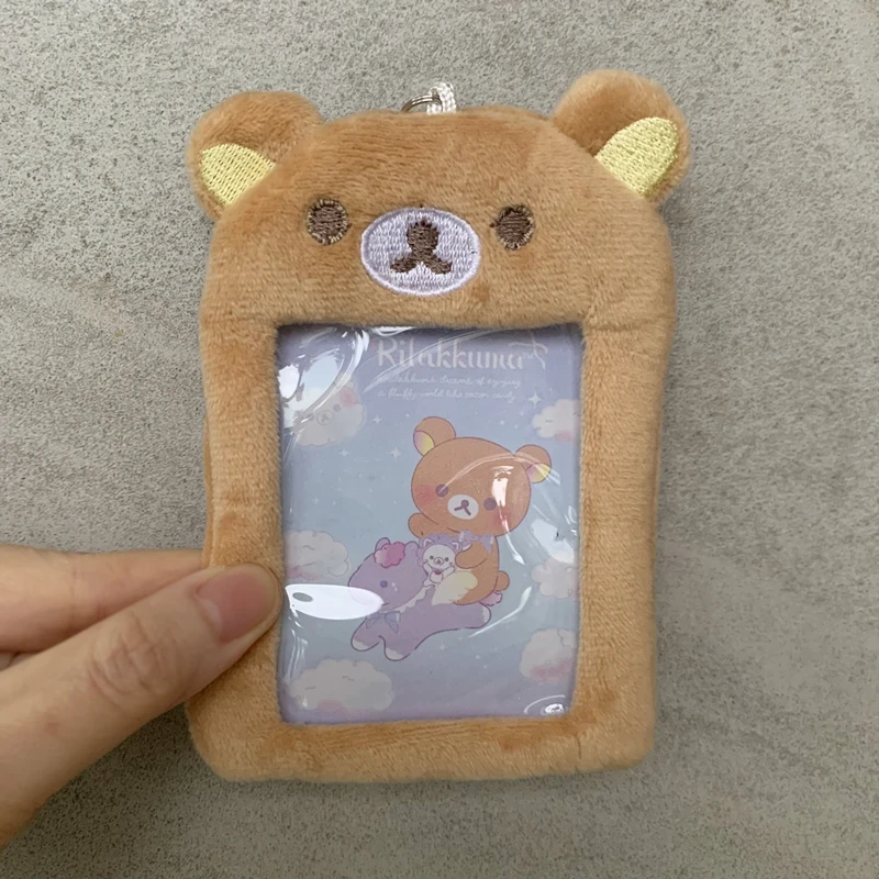 Rilakkuma gantungan kunci foto halus, Gantungan Kunci foto empuk, tempat kartu ID, imut, kartun beruang, tampilan foto idola