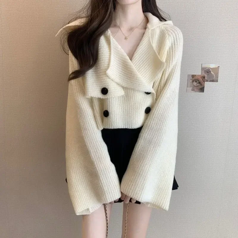 

French Lazy Lapel Chic Sweater Women Spring Autumn Crop Knitted Cardigan Long Sleeve Fashion Crop Top White Cardigan Y2k Tops