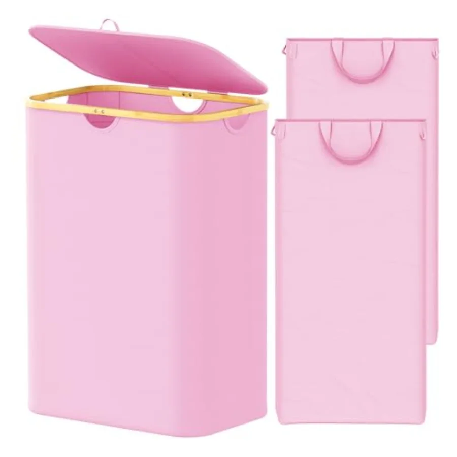 

Двухсекционная корзина для белья Doube с идентификационными карманами и съемными мешками для белья, корзина для одежды с бамбуковыми ручками, большая складная корзина для белья