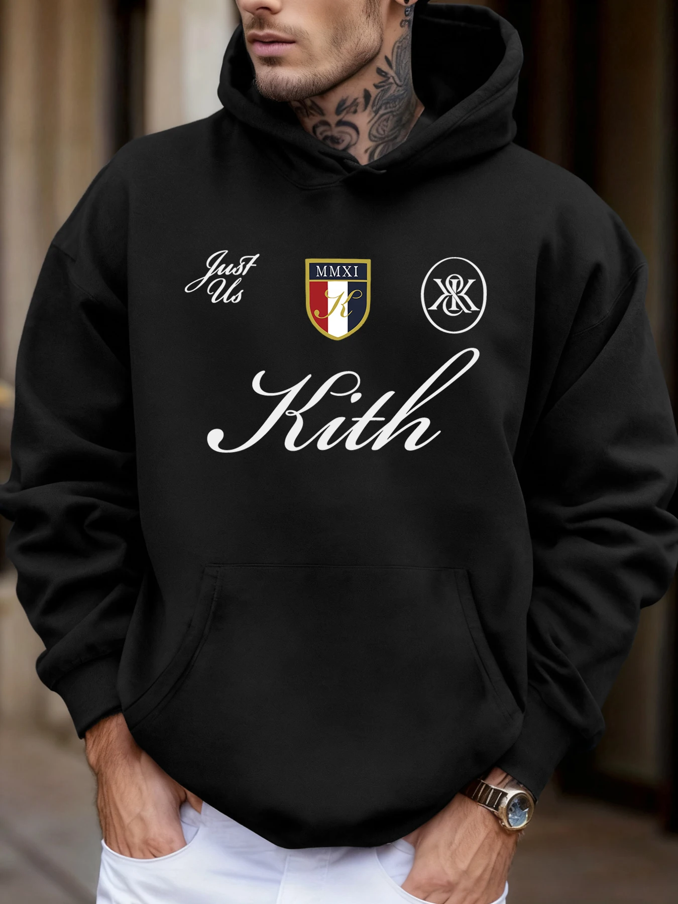 Just Us Kith Art Letter Print Unisex Mode Herbst Sweatshirts Casual Pocket Hoodie Fleece Sport Streetwear Jogging Tops des Mannes