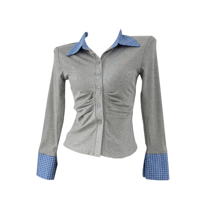 Color Blocking Patchwork Lapel Long Sleeve Shirt 2025 New Spring Women's Single Breasted Pleated Slim Fit Short Commuting Top