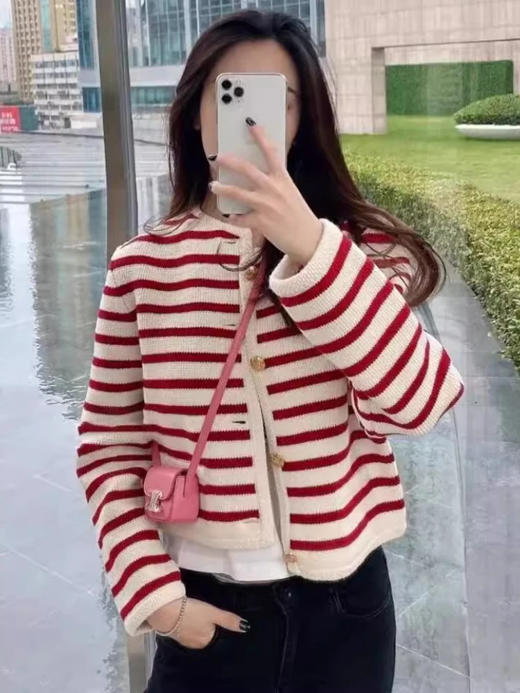 Женский полосатый кардиган с длинными рукавами и круглым вырезом на пуговицах, вязаный женский осенне-весенний вязаный однобортный кардиган, корейские короткие свитера