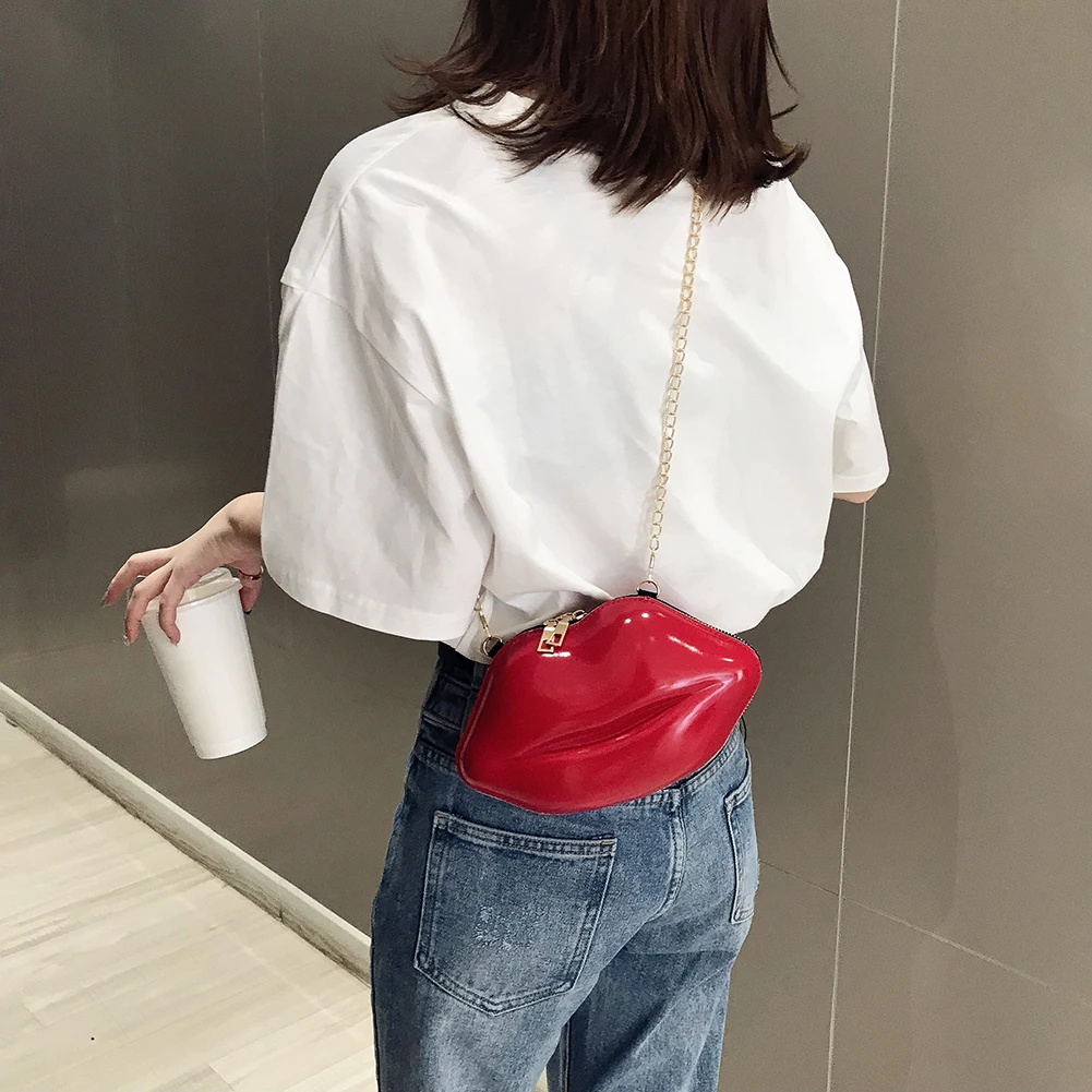 여자 세련된 입술 메신저 가방 여자 PVC 솔리드 어깨 체인 Crossbody 가방 여자 미니 지퍼 저녁 파티 핸드백