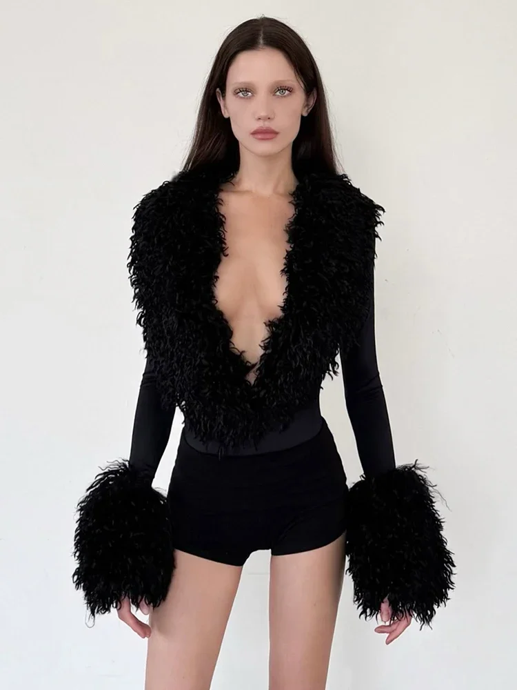 Weird Puss Patchwork Plush Bodysuits Women Deep V-Neck Sexy Autumn Winner Style Skinny Fashion Elasticity Midnight Streetwear