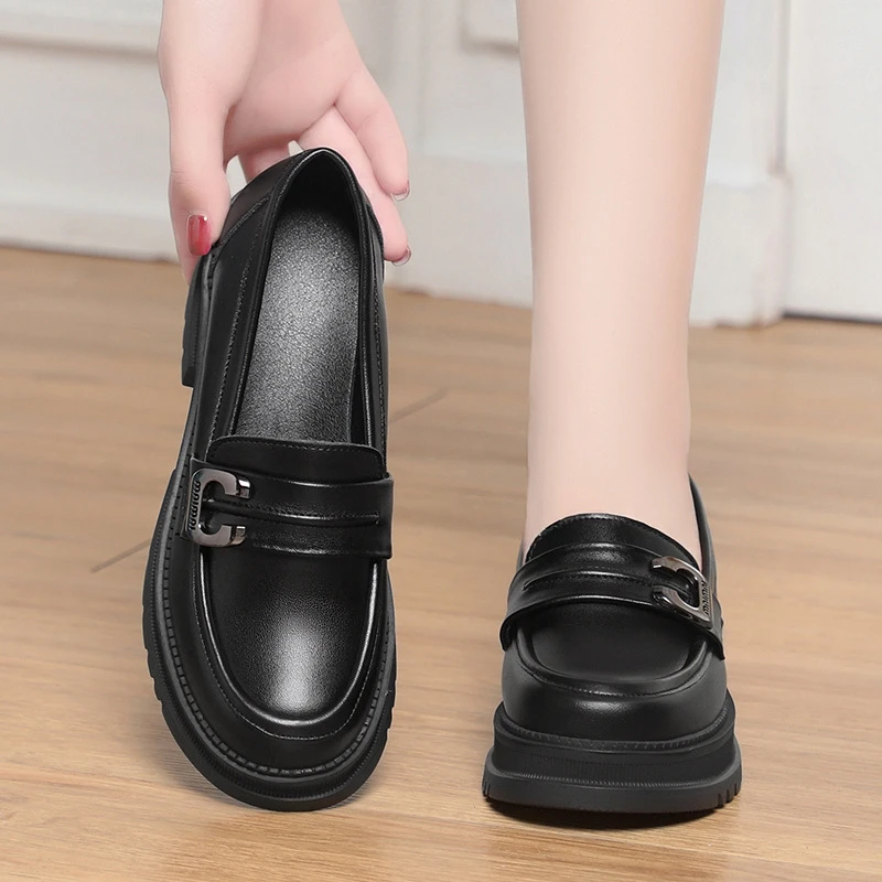 

Womens Black Platform Loafers With Metal Buckle Detail Chunky Sole Comfortable Slip On Shoes For Office Work And Daily Wear