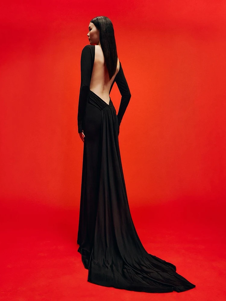 Abito lungo sexy con scollo a O, pieghe senza schienale, design drappeggiato, abito lungo da donna, maniche lunghe nere, abiti slim increspati, abiti da cocktail per feste da sera