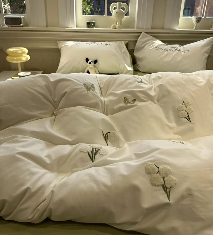 Fashion embroidery flower butterfly beige green beding set,full queen king cotton home textile bed sheet pillow case quilt cover