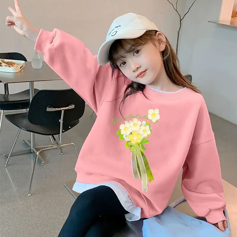 Girls' 2025 Autumn New Arrival Stylish Middle To Big Kids Crewneck Sweatshirt Popular Fall Base Layer Top