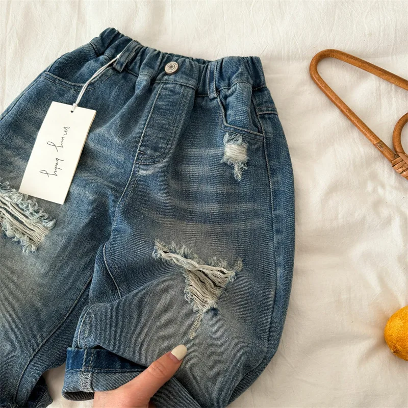 Children's Long Pants 2026 Spring New Arrival Boys' and Girls' Unique Ripped Jeans Baby Casual Pants
