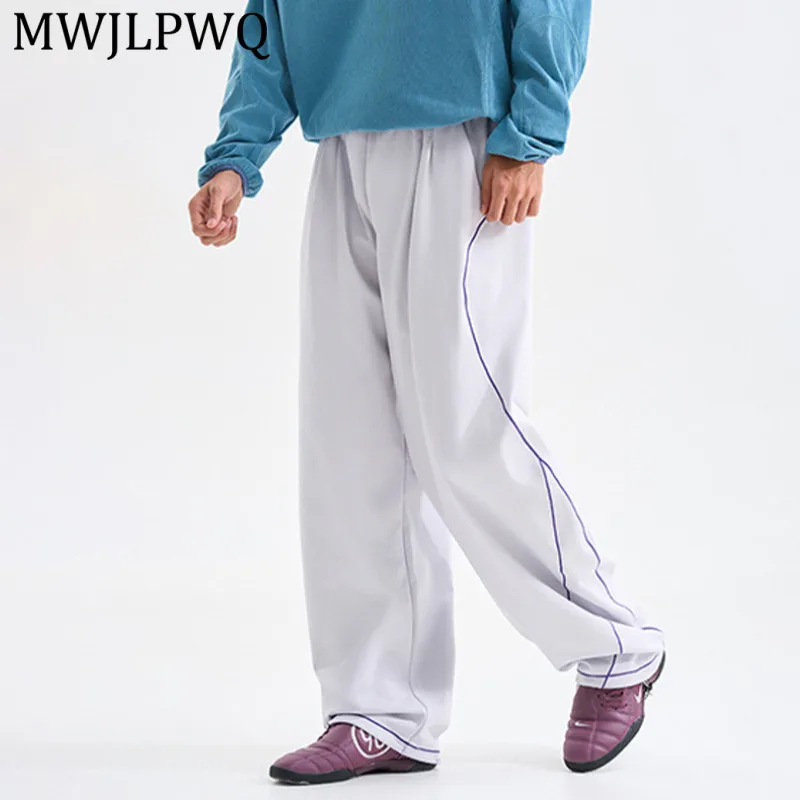 

MWJLPWQ Men's Mens White Sports Wide Leg Sweatpants Purple Contrast Piping Elastic Waist Autumn Casual Streetwear Trousers 15638