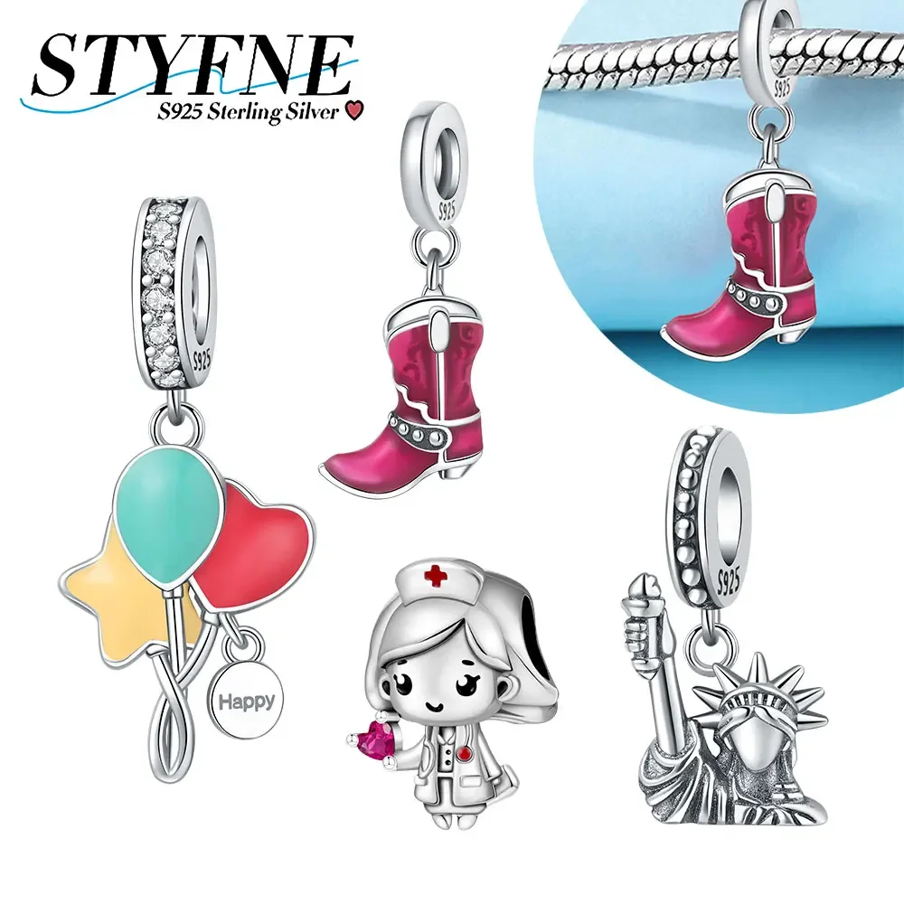 925 Sterling Silver Color Drop Glue Balloon Pink Boots Beaded Charm Fit Original Bracelet Accessories Diy Jewelry Gift