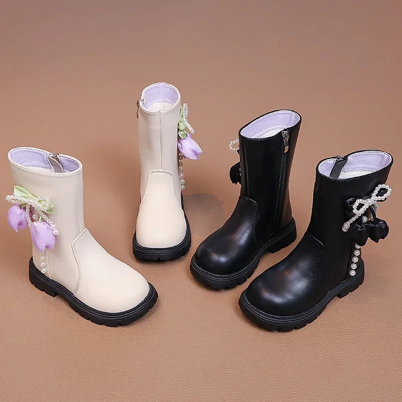 

Детские нескользящие ботинки до середины икры, новинка 2023 года, модные универсальные повседневные короткие ботинки на молнии с цветочным декором для девочек