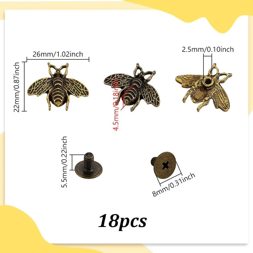 18 Sets Retro Little Bee Buttons Craft Purses Leather Decorative Screw Back Rivet Metal Conchos Buttons for DIY Manual Luggage