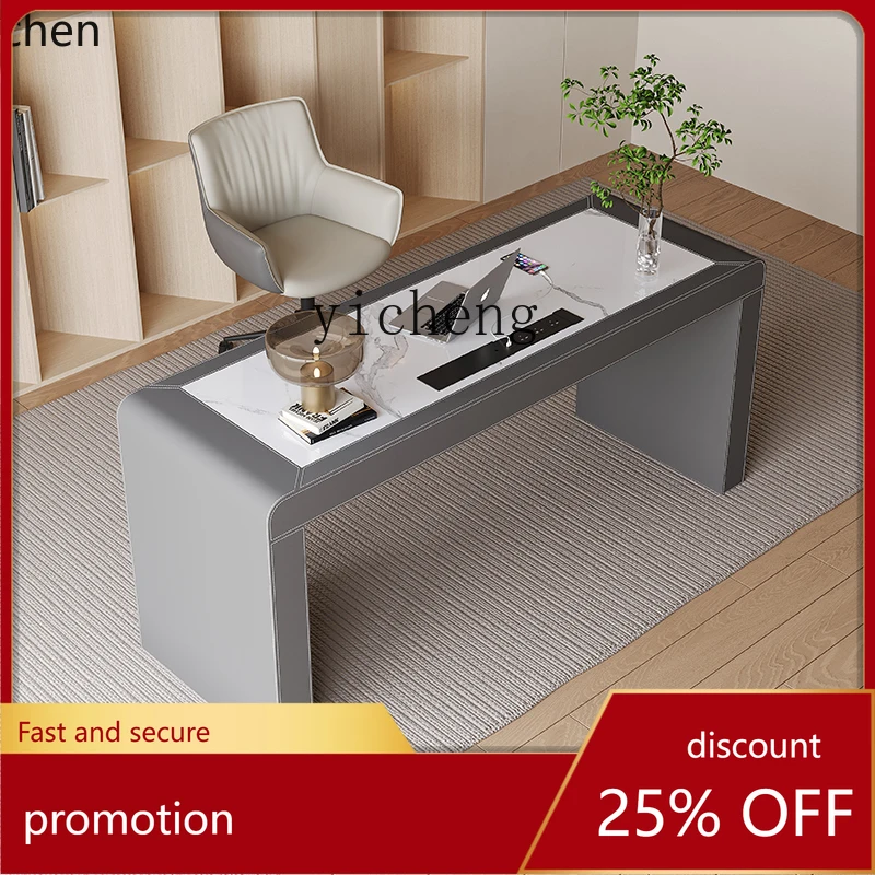 ZML Modern Minimalist Slate Desk Home Study Solid Wood Desk Premium Saddle Leather Computer Desk